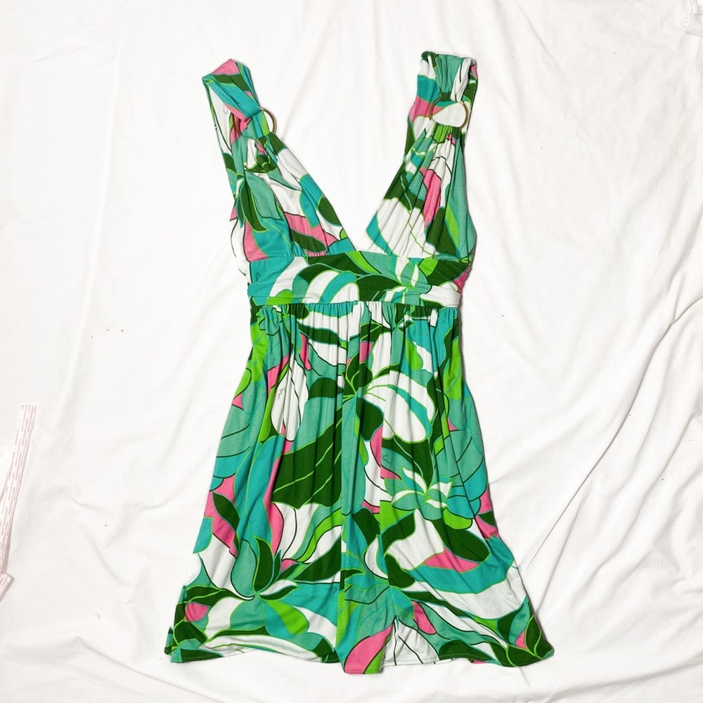 Milly Dress L Green Leaf Jungle gold ring accent